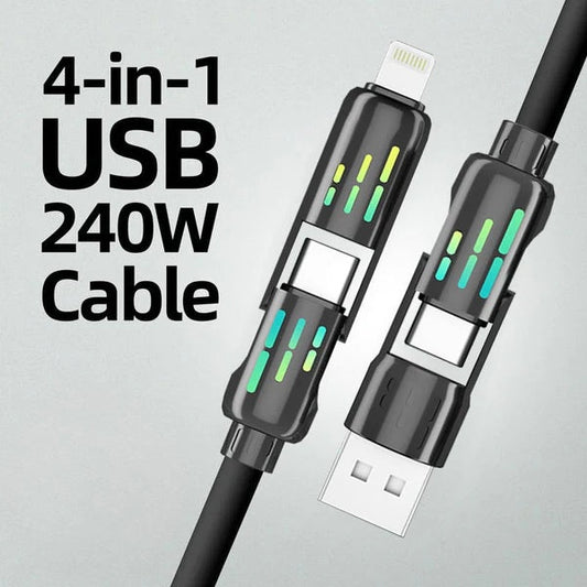 Ultra-soft silicone 240W light column four-in-one Typec data cable PD flash charging aluminum alloy colorful light fast charging cable