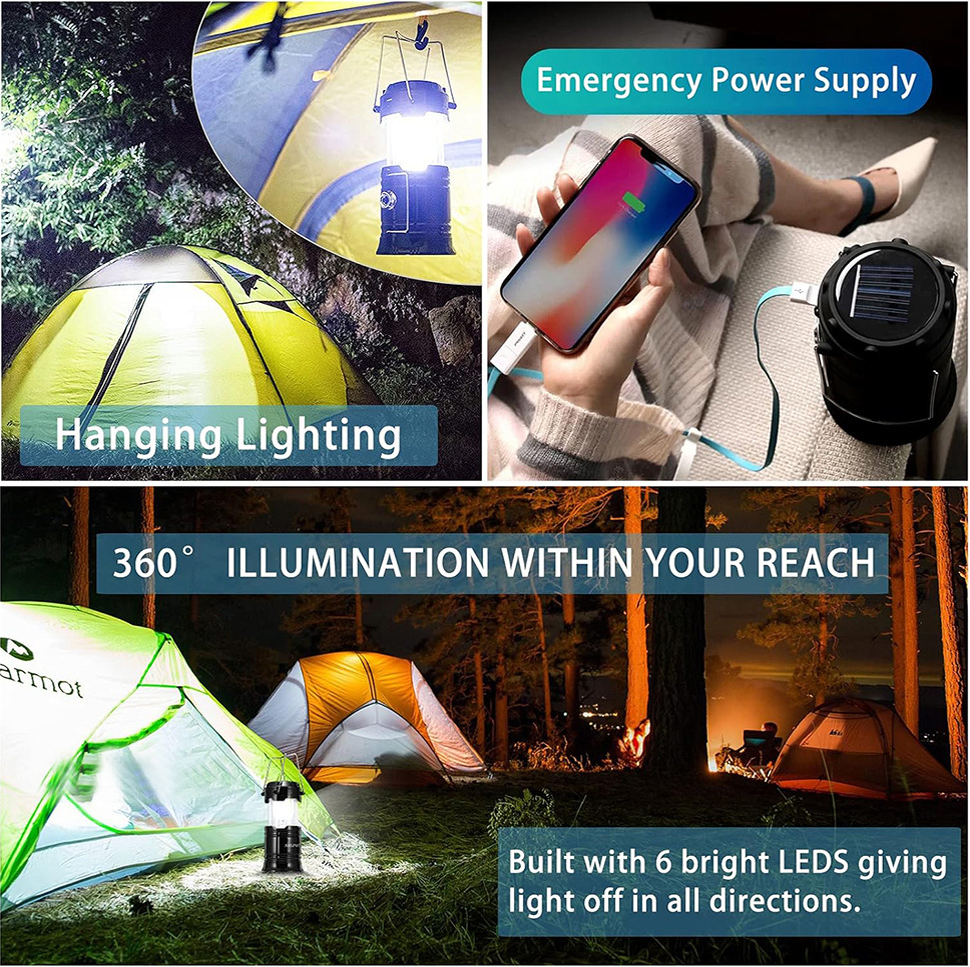 Camp Light Portable Solar USB Rechargeable Camping Lantern Hanging Solar-Powered Tent Light Outdoor Camp Light with USB Charging Rechargeable Torch Light for Camping Solar-Powered Hangable Tent Lamp Led Lighting