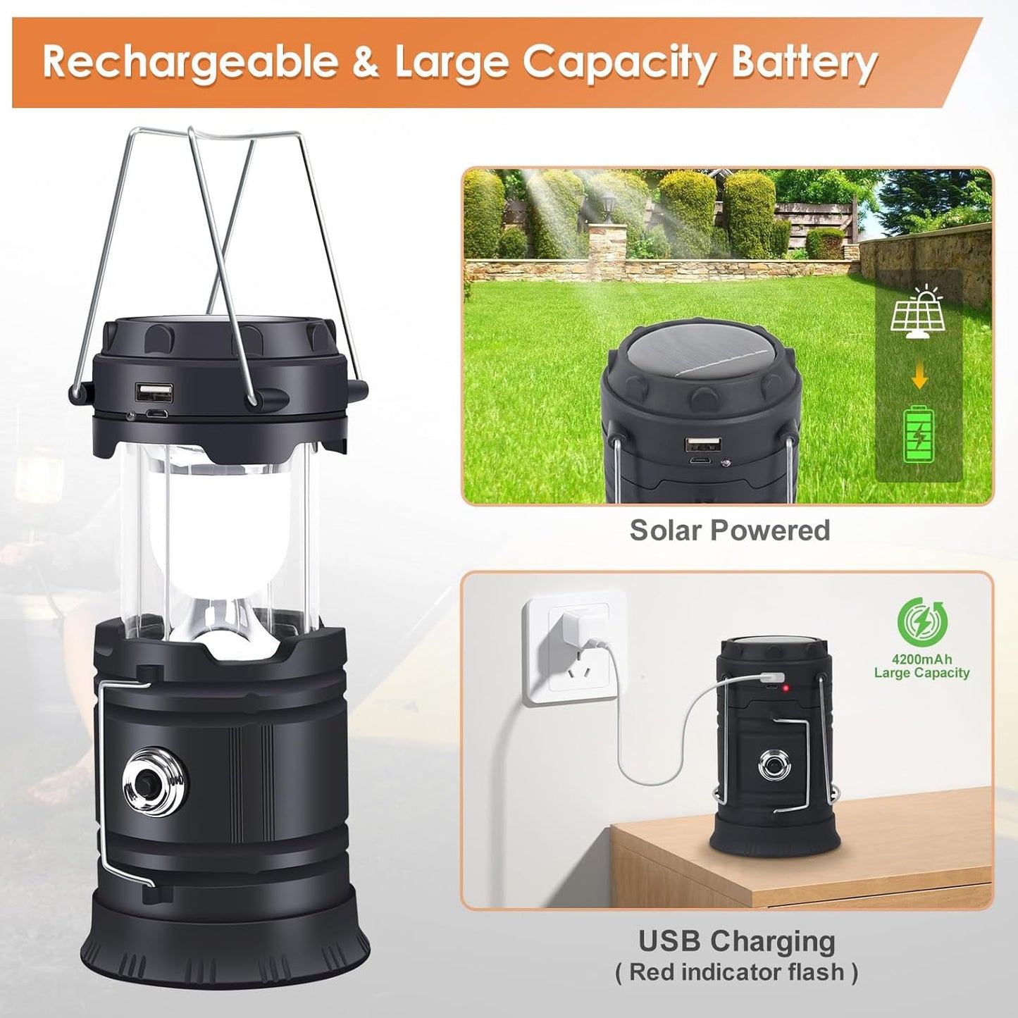 Camp Light Portable Solar USB Rechargeable Camping Lantern Hanging Solar-Powered Tent Light Outdoor Camp Light with USB Charging Rechargeable Torch Light for Camping Solar-Powered Hangable Tent Lamp Led Lighting